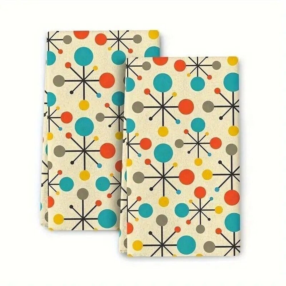 Atomic Kitchen Towels Retro Mid-Century Dots Modern 2-pc Microfiber Gift NEW